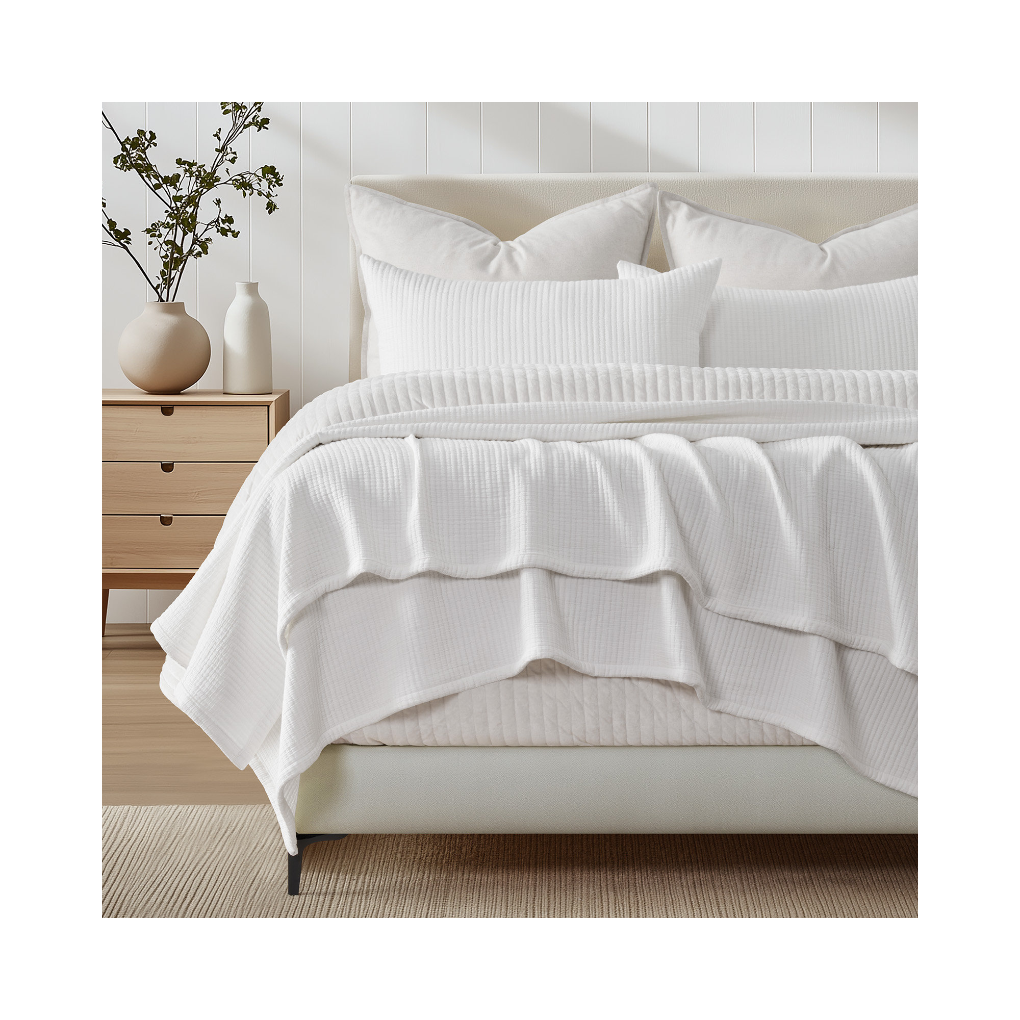 Solid Cotton Gauze Pick-stitch Matelesse Coverlet Bedspread set, King Quilt + 2 King Shams, Ivory White