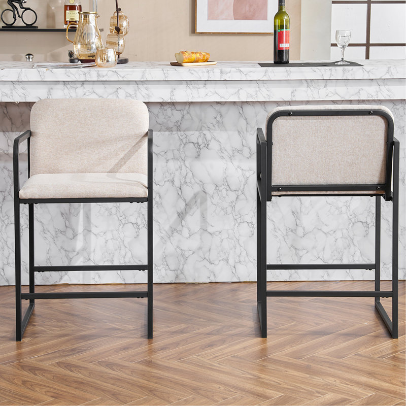 Set Of 2 Modern Upholstered Counter Height Bar Stools With Armrests, Metal Frame, Padded Seat For Comfortable Dining