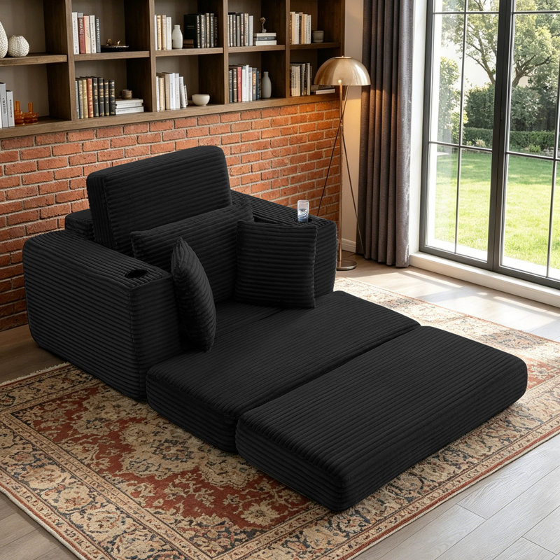 Masir Oversized Modular Lounge Chair, Convertible Sleeper Sofa with Ottoman & Cup Holders,Black Corduroy., Black