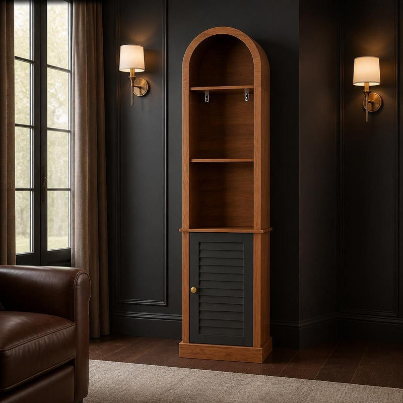Armoire de rangement autoportante et arquée avec porte à volets, support de présentation en bois étroit avec tablettes ouvertes et compartiment caché, organisateur multifonctionnel