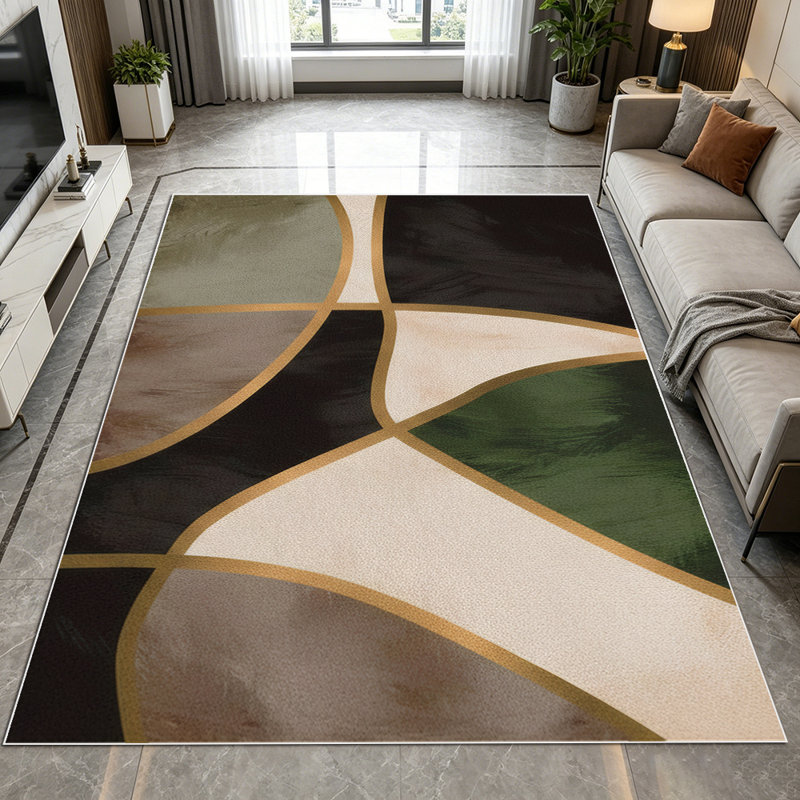 1PC modern gold trimmed curved earth tone geometric abstract area rugs for Living Room, Soft and Comfortable, Suitable for all seasons, easy-to-maintain, machine washable Indoor floor mat, Under Table Farmhouse suitable for dining table, bedroom,