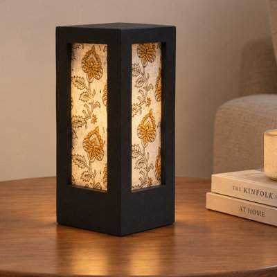 Handcrafted Wooden Table Lamp with Block-Printed Linen Shade, Boho Floral Accent Light