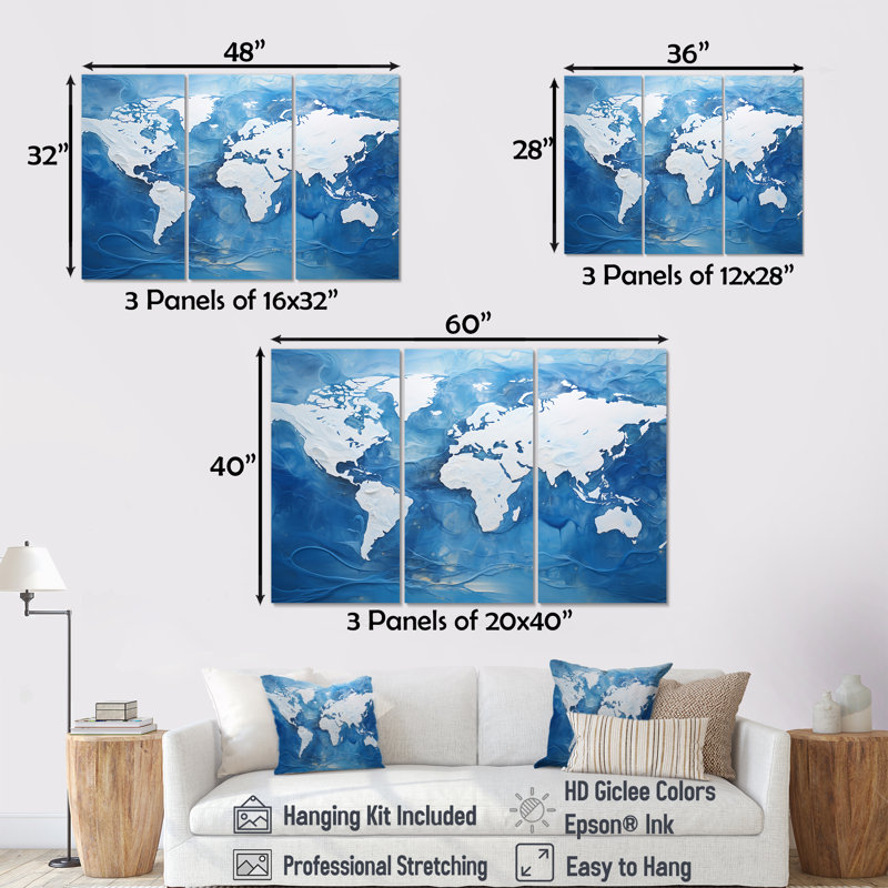 «Majestic Meridians Blue World Map I», ensemble d'art mural sur toile carte du monde, Toile tendue
