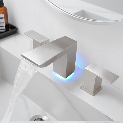 LED Waterfall Bathroom Faucet, 8-Inch Widespread 3-Hole Vanity Sink Faucet with Dual Handles, Pop-Up Drain & Supply Lines, Brushed Gold