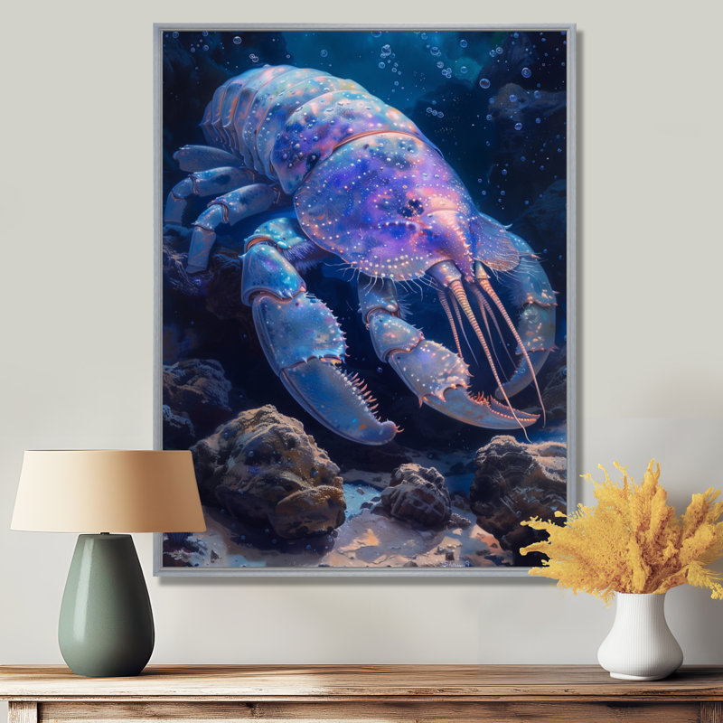 «Blue Glowing Abyss Crabe Creatures - Sea Creatures», reproduction d'art, H 12 po x l 20 po, Encadrement argenté