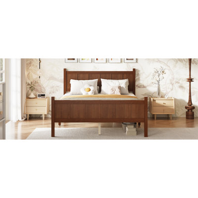 Lit à panneau plat avec tête et pied de lit, lit plateforme minimaliste moderne avec finition grain de bois, style Shaker et style campagnard, mobilier de chambre élégant et fonctionnel