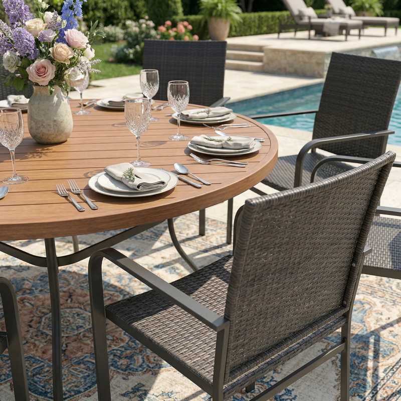 8-Person Round Patio Dining Set With Rattan Chairs, Walnut