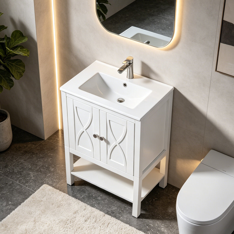Meuble-lavabo autoportant blanc moderne 24 po avec lavabo en céramique, rangement à deux portes et tablette ouverte