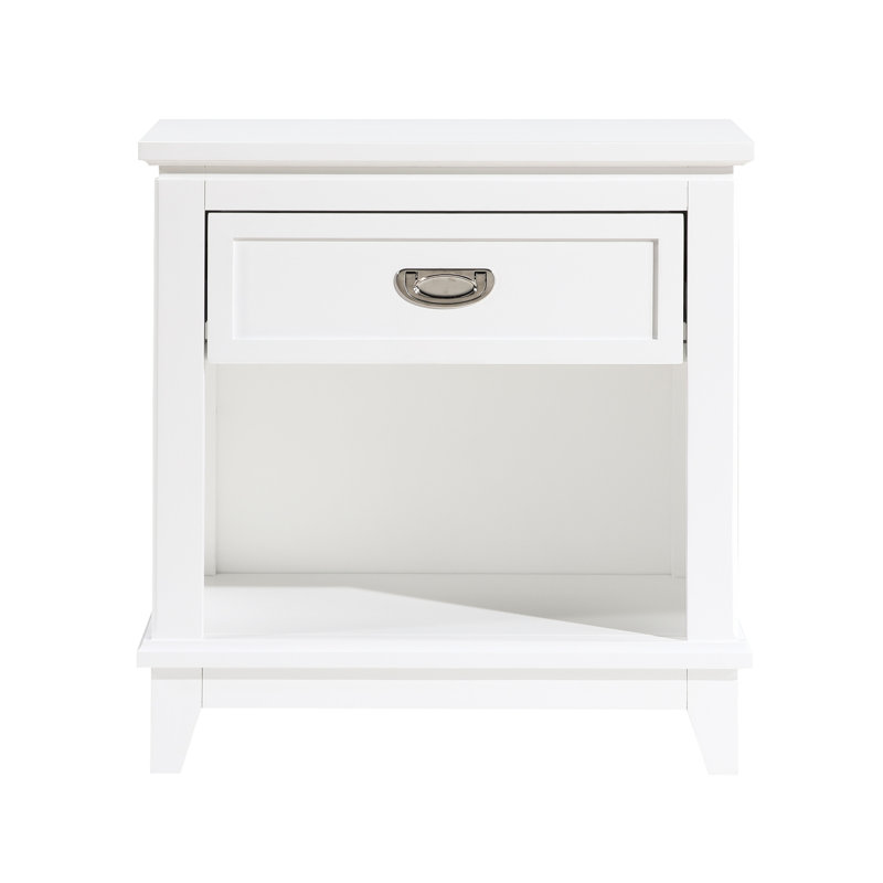 Table de chevet blanche pour chambre à coucher avec design classique, glissières à roulement de tiroir simple, tablette de rangement, poignées en nickel poli, aucun assemblage requis, table de chevet 24 po x 16 po x 26 po, comprenant 1