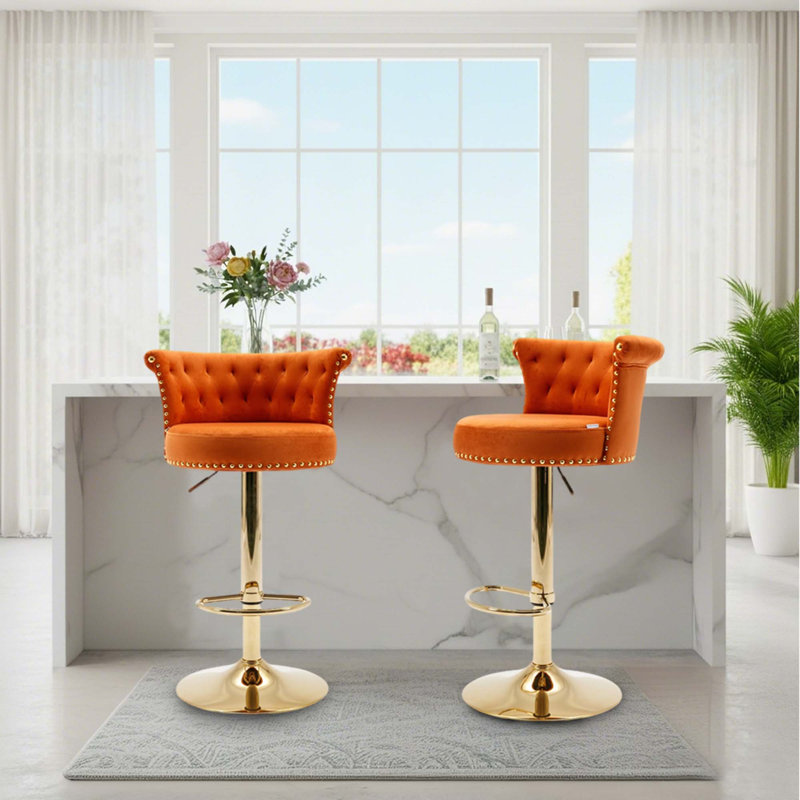 Modern Glam Set of 2 Tufted Velvet 360° Swivel Adjustable-Height Bar Stools with Gold Nailhead Trim for Kitchen Island and Home Bar