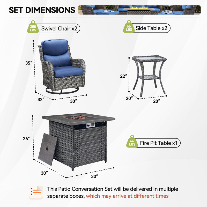 Simle 7-Piece Outdoor Seating Group PE Wicker Swivel Glider Chair With Cushions And Side Table, Gray, Blue