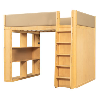 Lit mezzanine en bois massif pleine grandeur avec garde-corps en similicuir entièrement rembourré, lit haute avec garde-robe intégrée, tiroirs, tablettes à plusieurs niveaux et lumières DEL ambiantes, couleur bois