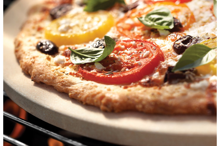 close up of pizza on cordierite 16-and-a-half inch pizza stone