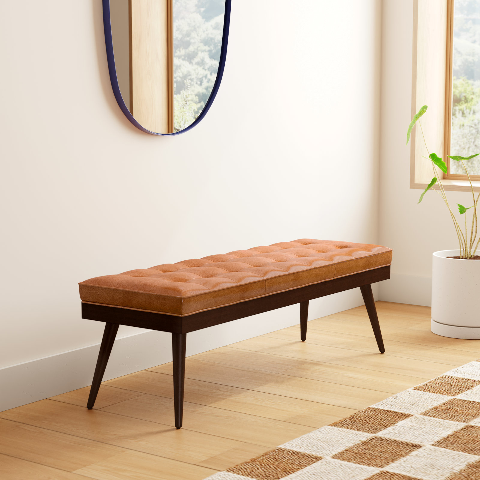 Luca Full-Grain Italian Genuine Leather Bench, Cognac Tan