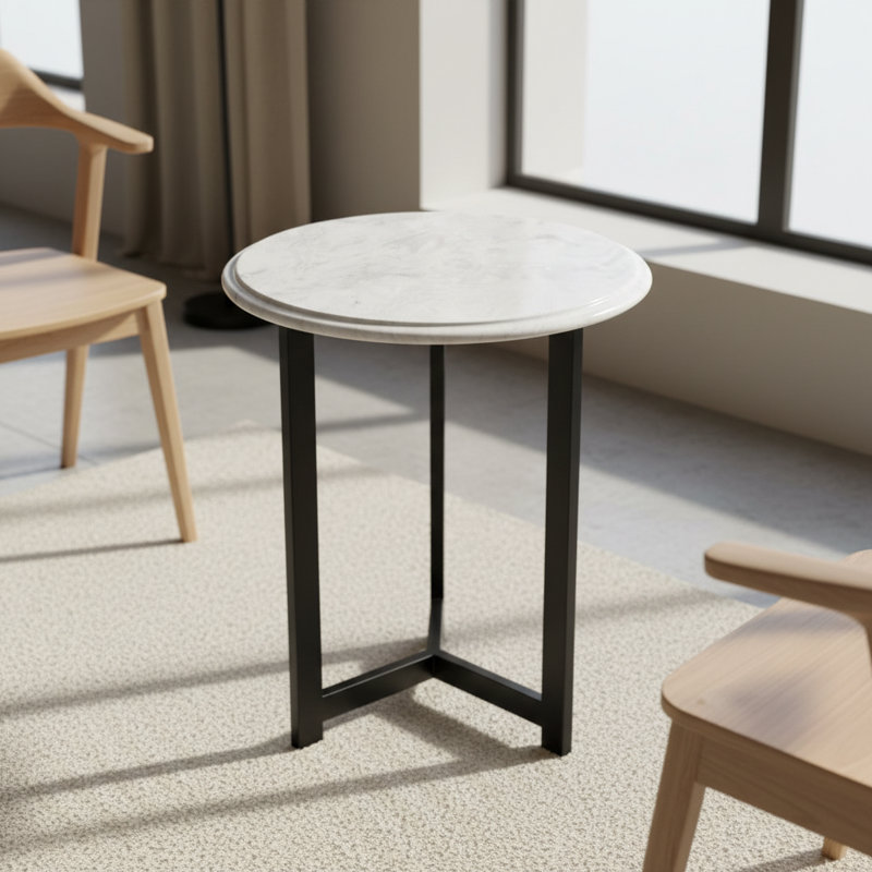 Round Onyx Marble Side Table With Black Metal Base, 20 Inch Diameter, 24 Inch Height, White, White