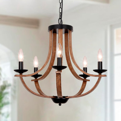Farmhouse 5-light Black Chandelier With Wood Finish Metal,  21" Candle Style Ceiling Light For Kitchen Island And Dining Room
