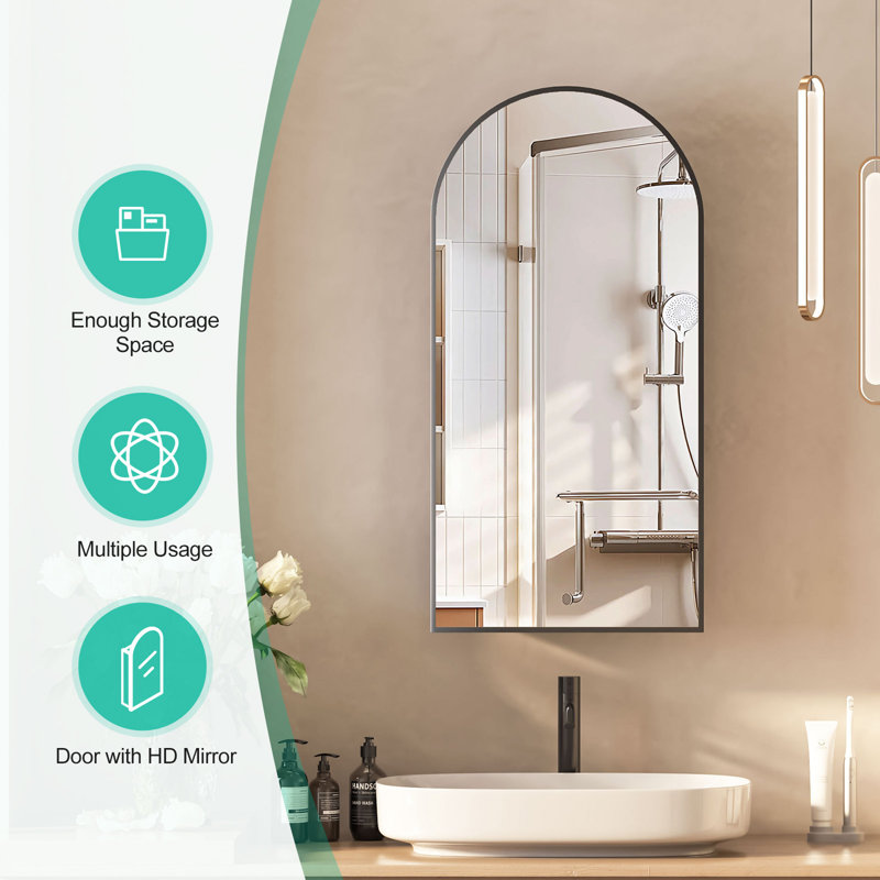 Arched Bathroom Medicine Cabinet With Mirror & Shelves,Right Open,Recessed, Matte Black, 31.5" H x 15.8" W x 4.5" D