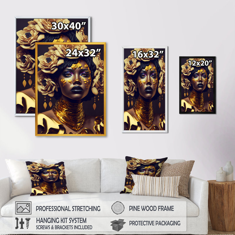 Art floral doré et noir pour femme, salon femme afro-américaine pour le salon, H 32 po x l 16 po x P 1 po