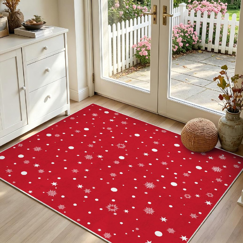 Tapis d'intérieur blanc lavable à la machine, motif flocons de neige rouges de Noël., Rectangle 39 po x 63 po