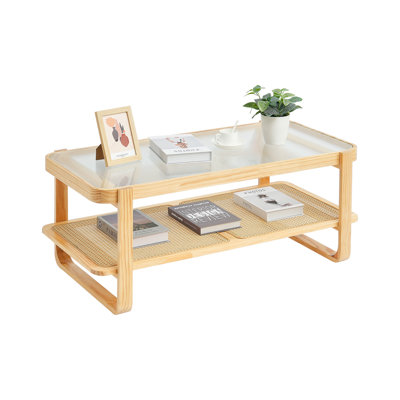 Table basse en rotin, table basse de rangement moderne bohème de 114 cm avec pieds en bois naturel, table basse rectangulaire en rotin tressé et bois avec plateau en verre trempé, idéale pour la chambre et les petits espaces, conçue pour le salon.