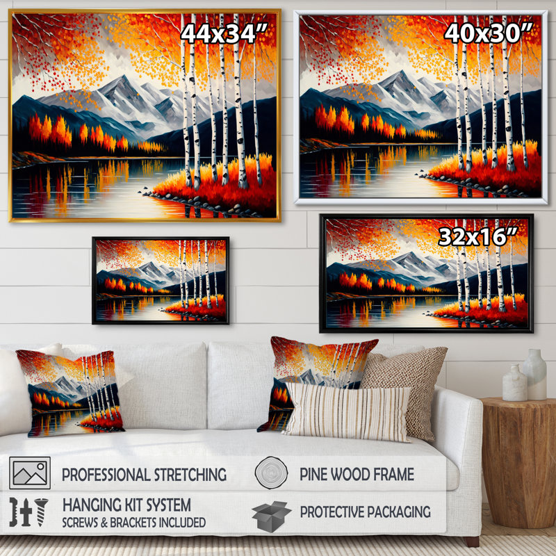 Bouleaux rouges et oranges au bord du lac III - Impression sur toile, H 30 po x l 40 po x P 1,5 po, Cadre flottant doré