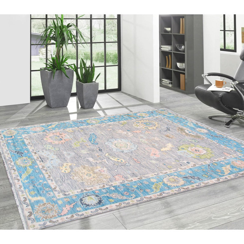 Tapis oriental bleu en coton noué à la main 9 pi 2 po x 12 pi 2 po Hawkinge
