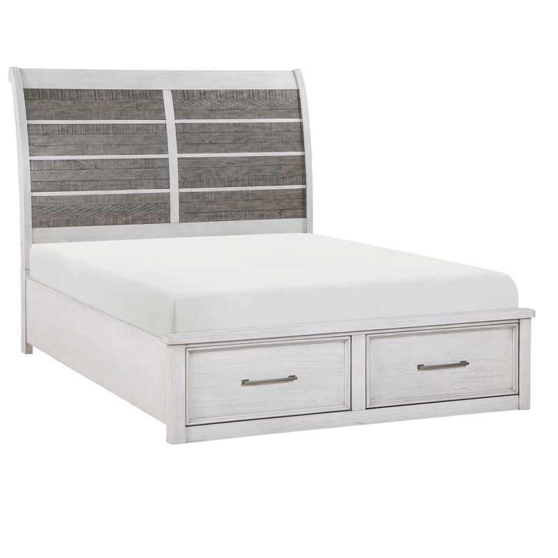 Grand lit avec rangement en plateforme 2 tons gris antique et blanc de style rustique classique