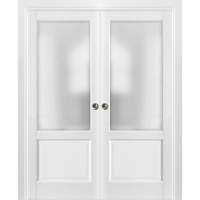 French Double Pocket Doors Lucia 22 White Silk with Frosted Opaque Glass Kit Trims Rail Hardware Solid Wood Interior Pantry Kitchen Bedroom Sliding Closet Sturdy Door 36" x 96" (2* 18x96)