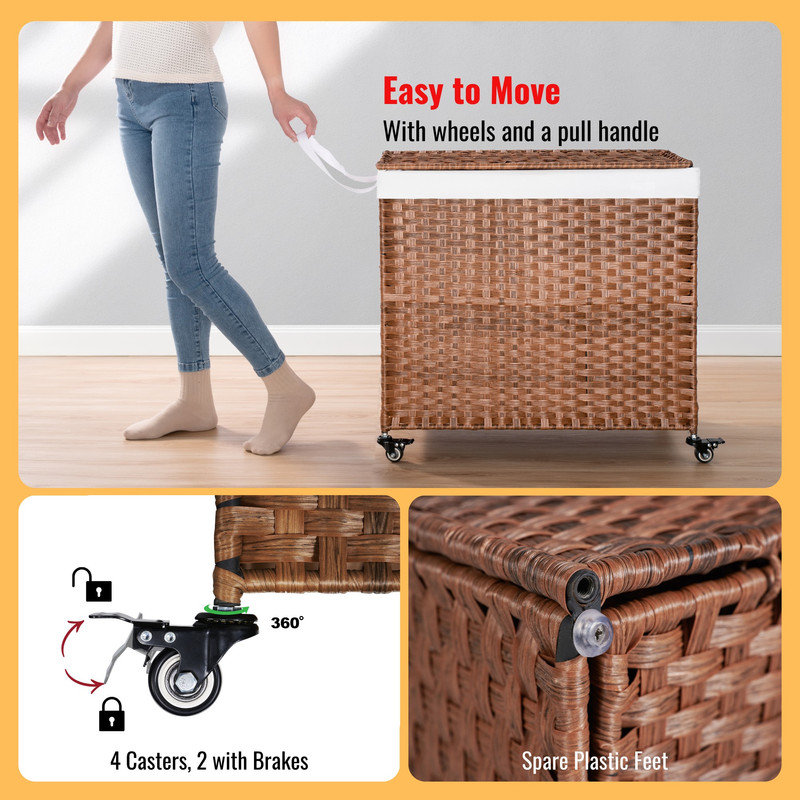 Natural Wicker Laundry Hamper with Lid and Removable Bags