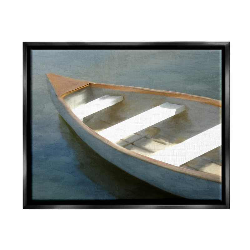 «Lone Canoe Boat» par Kim Allen - peinture sur toile, H 25 po x l 31 po x P 1,7 po, Cadre flottant noir de jais