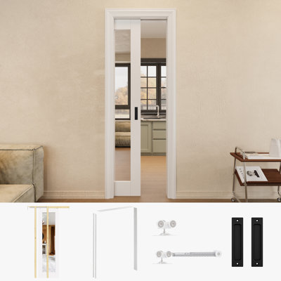 Porte coulissante avec miroir 24 po x 80 po à 1 po avec quincaillerie noire et cadre de porte à gousset blanc