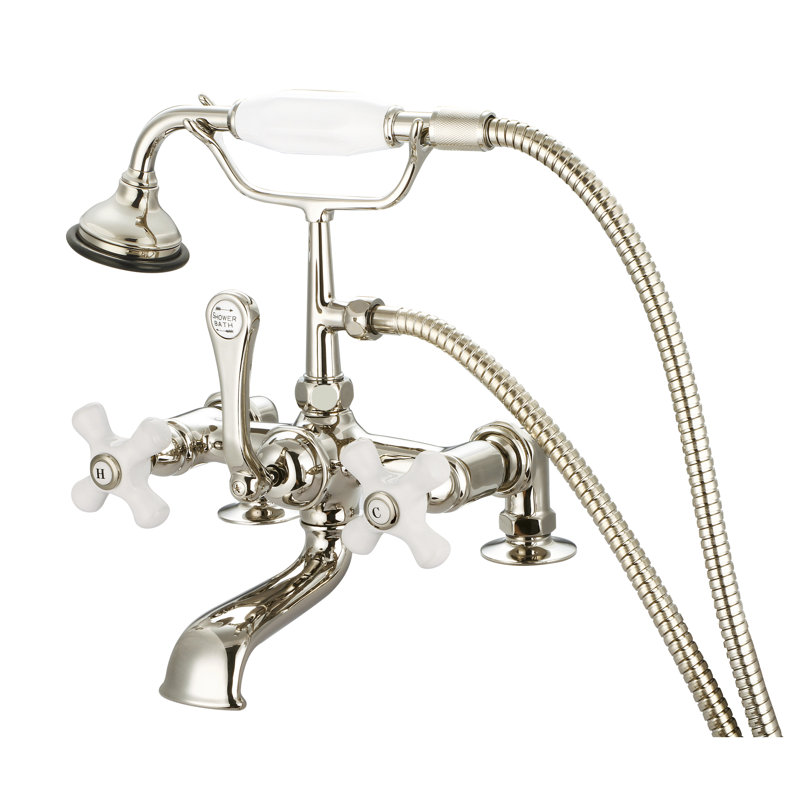 Robinet de baignoire à pattes avec douche à main Stonington, Nickel poli, Poignées croix en porcelaine