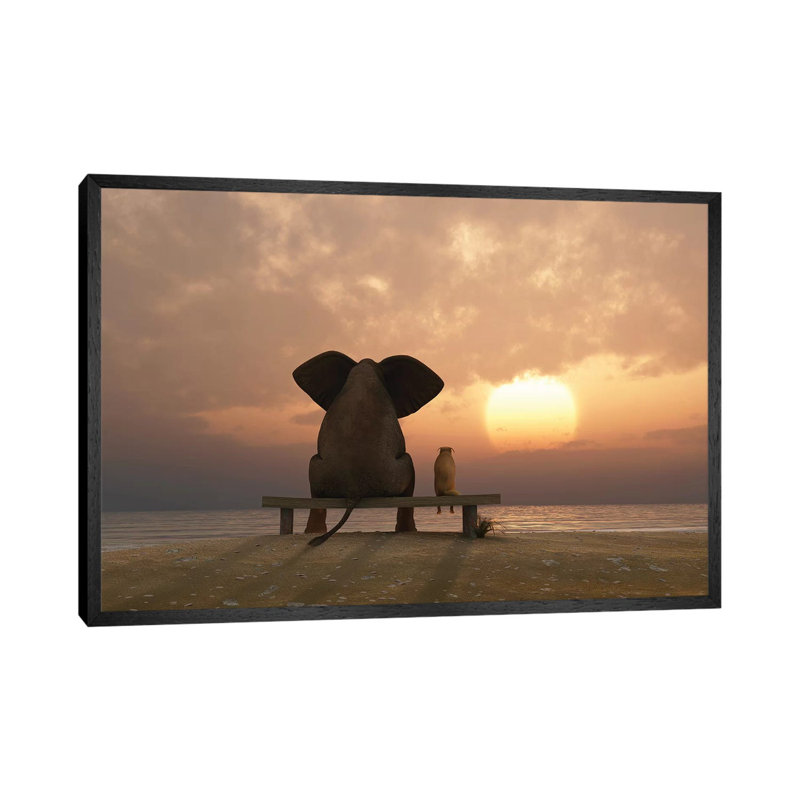 Elephant and Dog Sit on a Summer Beach at Sunset 1 Piece Wrapped Canvas Wall Art, 101.6 cm H x 66.04 cm W