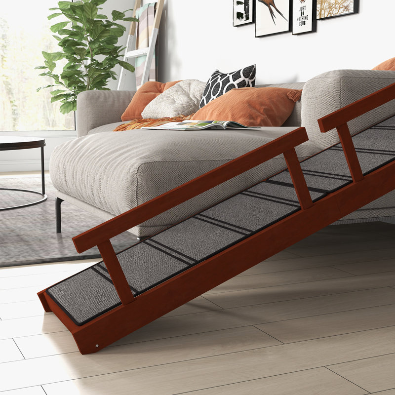 Rampe pour chien extra longue en bois avec garde-corps amovibles, pente douce à 20 °, surface antidérapante pour tapis, supportant jusqu'à 88 lb - idéale pour les lits et les meubles hauts, assemblage requis