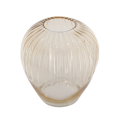 8.7" Rounded Glass Accent Vase with Ribbed Amber Finish, Mid-Century Modern Design for Tabletop Mantel