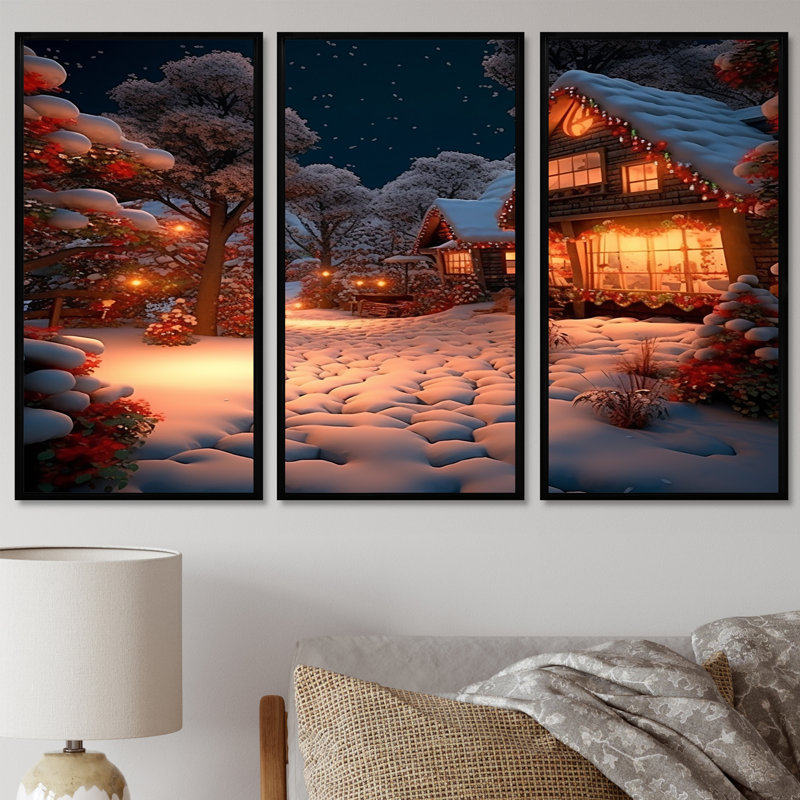 «Christmas Time In The Winter Village», ensemble d'art mural paysage d'hiver, Cadre flottant noir, H 28 po x l 36 po x P 1 po
