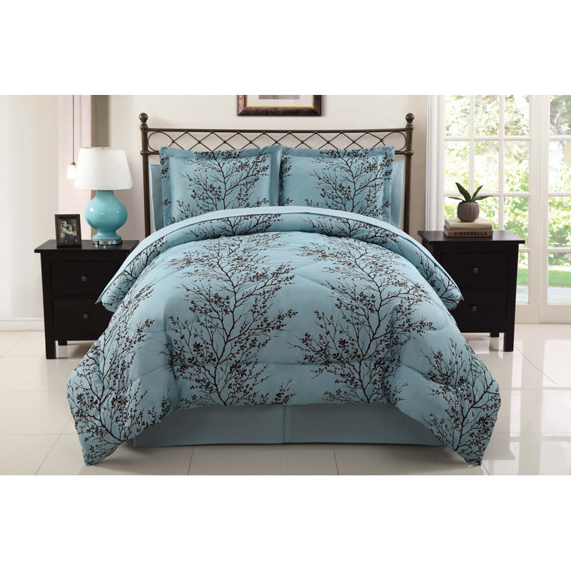 King Blue and Chocolate Floral Microfiber Bed in a Bag Set