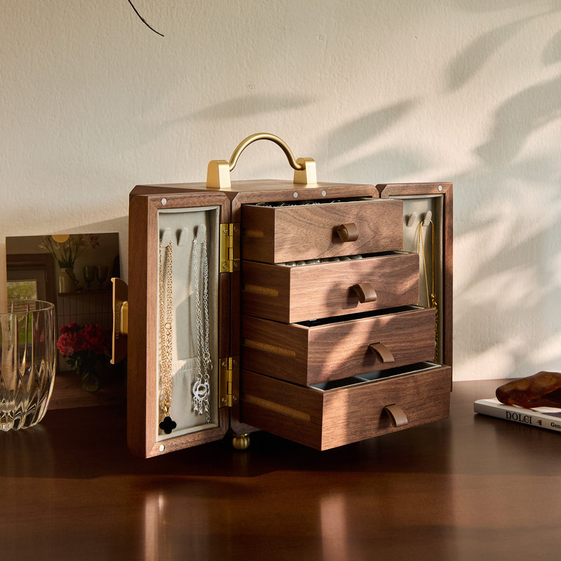4-Layer Wooden Jewelry Box with Carrying Handle