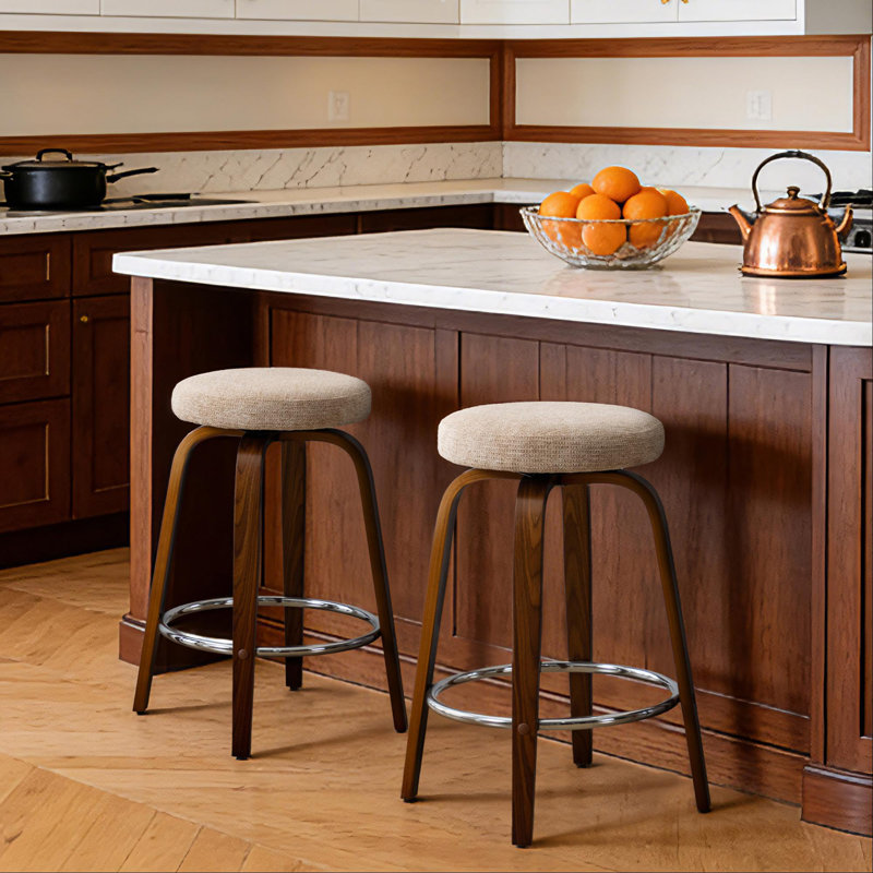 26 '' Swivel Upholstered Round Counter Stool With Bentwood Frame, Brown Seat/ Walnut Frame