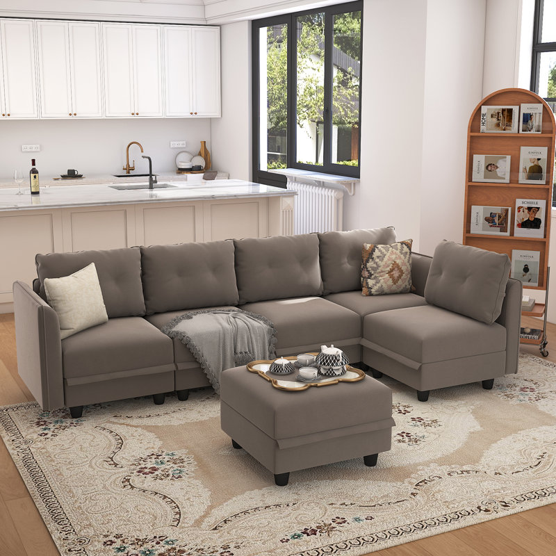 Canapé modulaire réversible avec repose-pieds Bresee, Velours brun clair, H 34 po x l 112 po x P 56 po