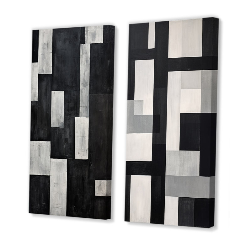 «Black and White Cuboids Dream - Abstract Shapes», ensemble d'art mural sur toile, H 40 po x l 41 po, Toile tendue