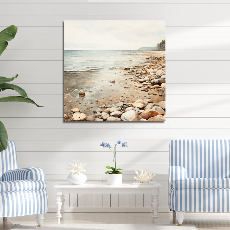 Coastal Pebble Beach I - Art mural minimaliste côtier, Toile tendue, H 16 po x l 16 po x P 1 po