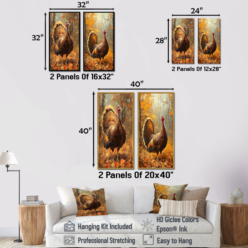 Wildwood Gobbler Turquie I - ensemble d'art mural de dinde 2 pièces, H 40 po x l 40 po, Cadre flottant blanc