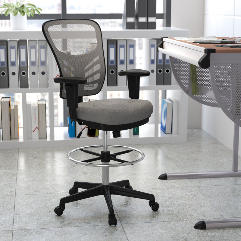 Black Mesh Mid-Back Ergonomic Drafting Chair with Adjustable Arms