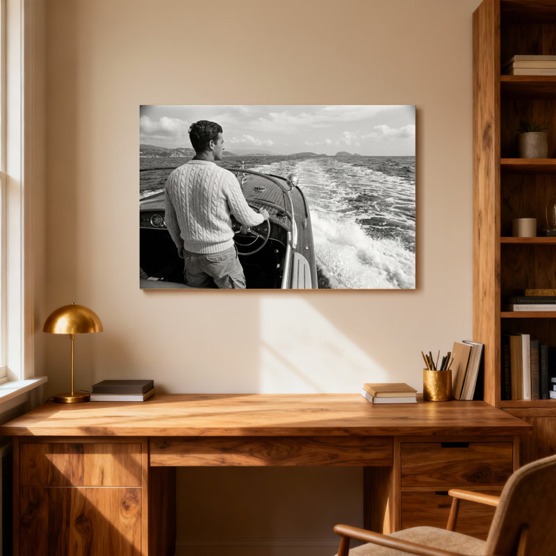 Fashion Man Steering Boat On Ocean Waves, 16" H x 24" W