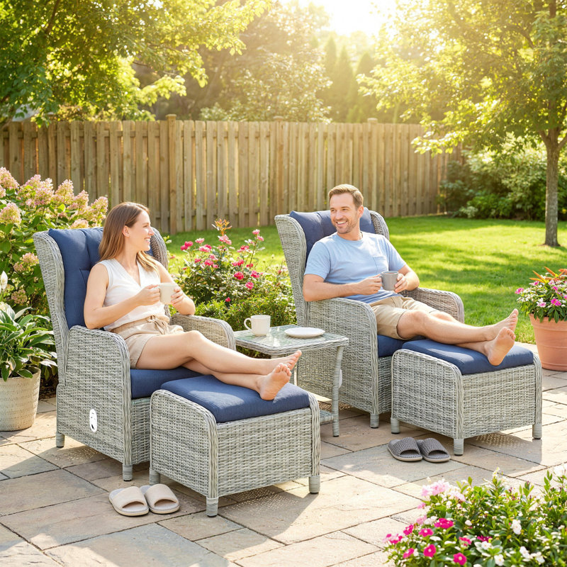 Outdoor Lounge Chair, Blue Cushion/Grey Frame