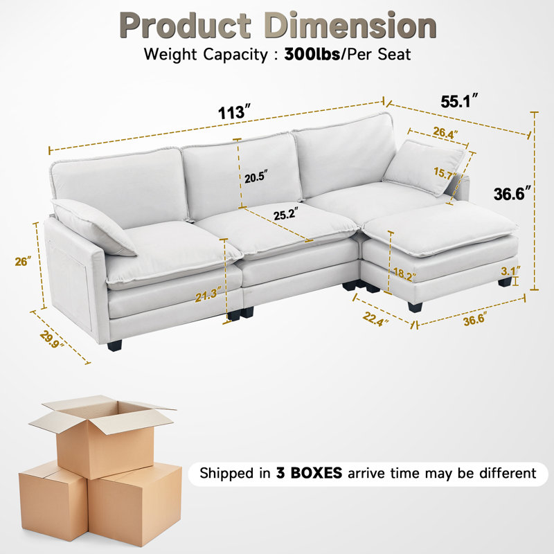 4-Piece Upholstered Sectional, White