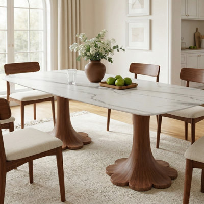 Table de salle à manger rectangulaire en pierre brillante avec base en bois massif pour 6 à 12 personnes