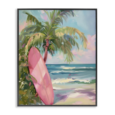 Planche de surf rose sur la plage, estampe numérique, design par Arlington Prints