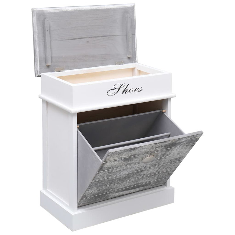 2 Pair Solid Wood Flip Down Shoe Storage, Grey/White